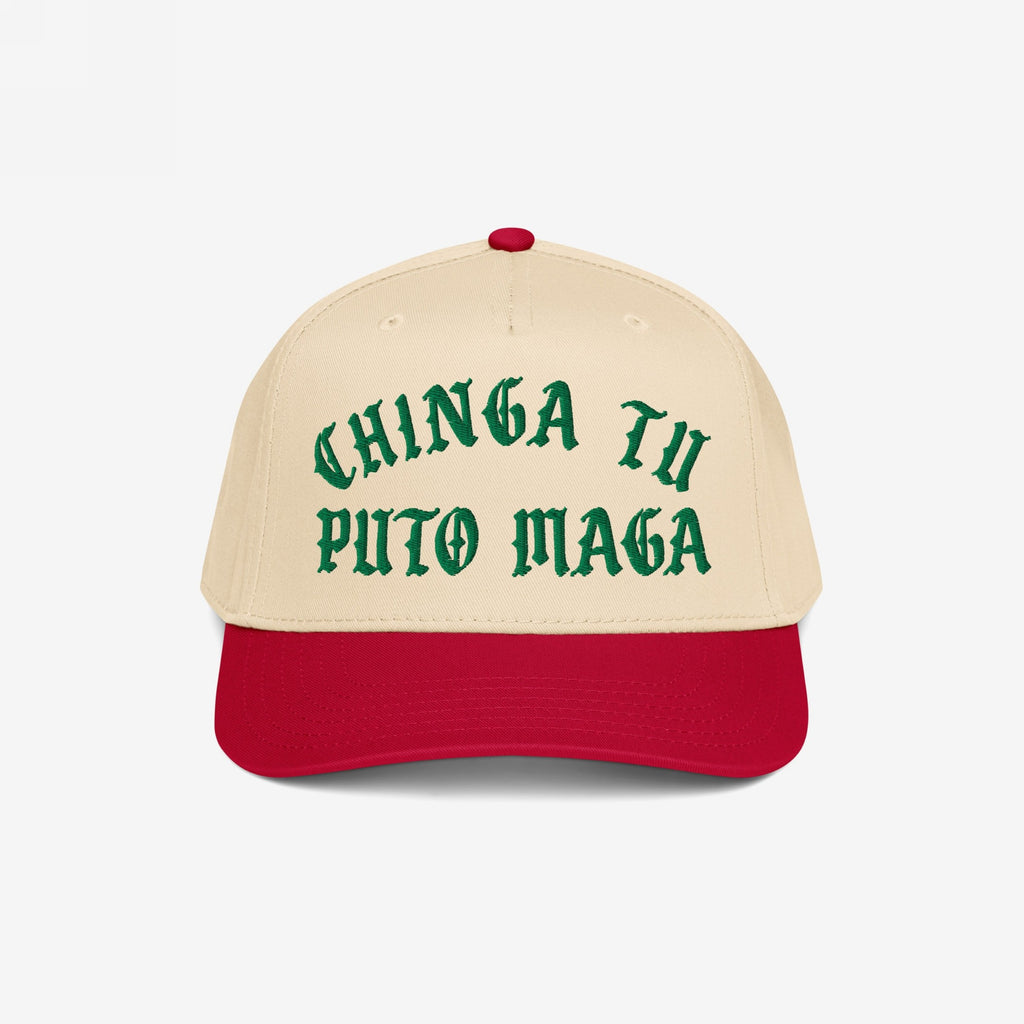 Chinga Tu MAGA Hat: A two-tone baseball cap with a red bill and beige crown, featuring green Old English–style embroidery stating “CHINGA TU PUTO MAGA”, embodying anti-fascist and anti-Trump sentiments.