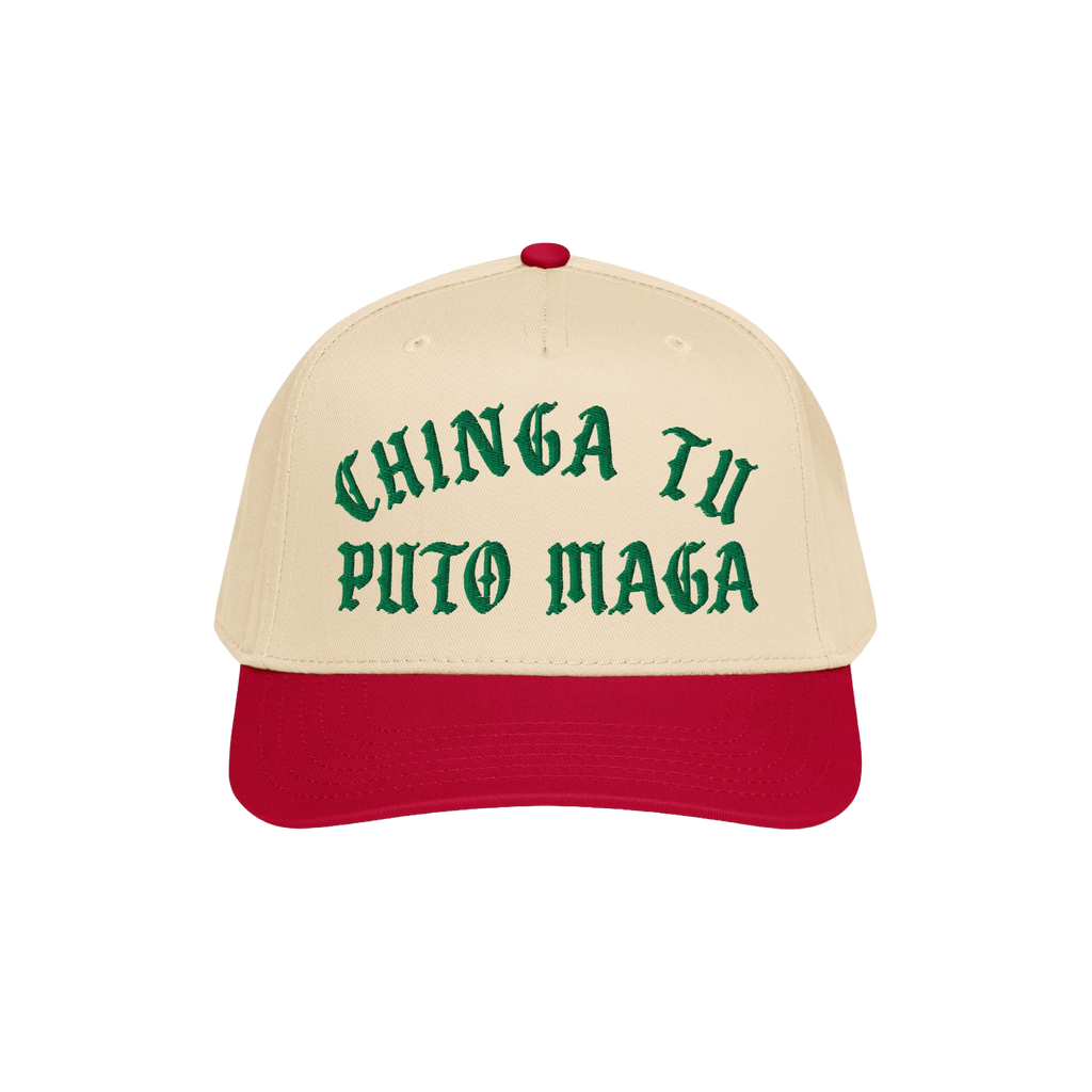 Chinga Tu MAGA Hat: A two-tone baseball cap with a red bill and beige crown, featuring green Old English–style embroidery s
