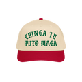 Chinga Tu MAGA Hat: A two-tone baseball cap with a red bill and beige crown, featuring green Old English–style embroidery s