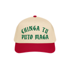 Chinga Tu MAGA Hat: A two-tone baseball cap with a red bill and beige crown, featuring green Old English–style embroidery s