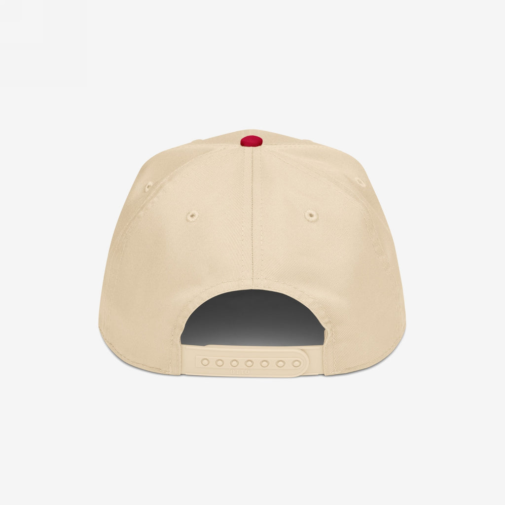 Back view of the Chinga Tu MAGA Hat, a beige snap-back cap featuring a red button, stitched eyelets, and adjustable plastic snap closure, embodying an anti-fascist and anti-MAGA protest message.