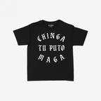 Chinga Tu MAGA Women's Baby Tee features bold, white gothic lettering on a black short-sleeve shirt, expressing a defiant message for progressives and anti-fascists.