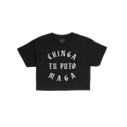 Chinga Tu MAGA Women's Baby Tee features bold, white gothic lettering on a black short-sleeve shirt, expressing a defiant mes