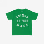 Chinga Tu MAGA Women's Baby Tee features bold, vintage-style white text on a bright green shirt. The design reflects progressive and anti-fascist values, perfect for activism and making a statement.