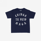 Navy-blue tee with white Old English text CHINGA TU PUTO MAGA, capturing a bold, progressive statement. Perfect for anti-fascist protests, it embodies resistance and defiance.