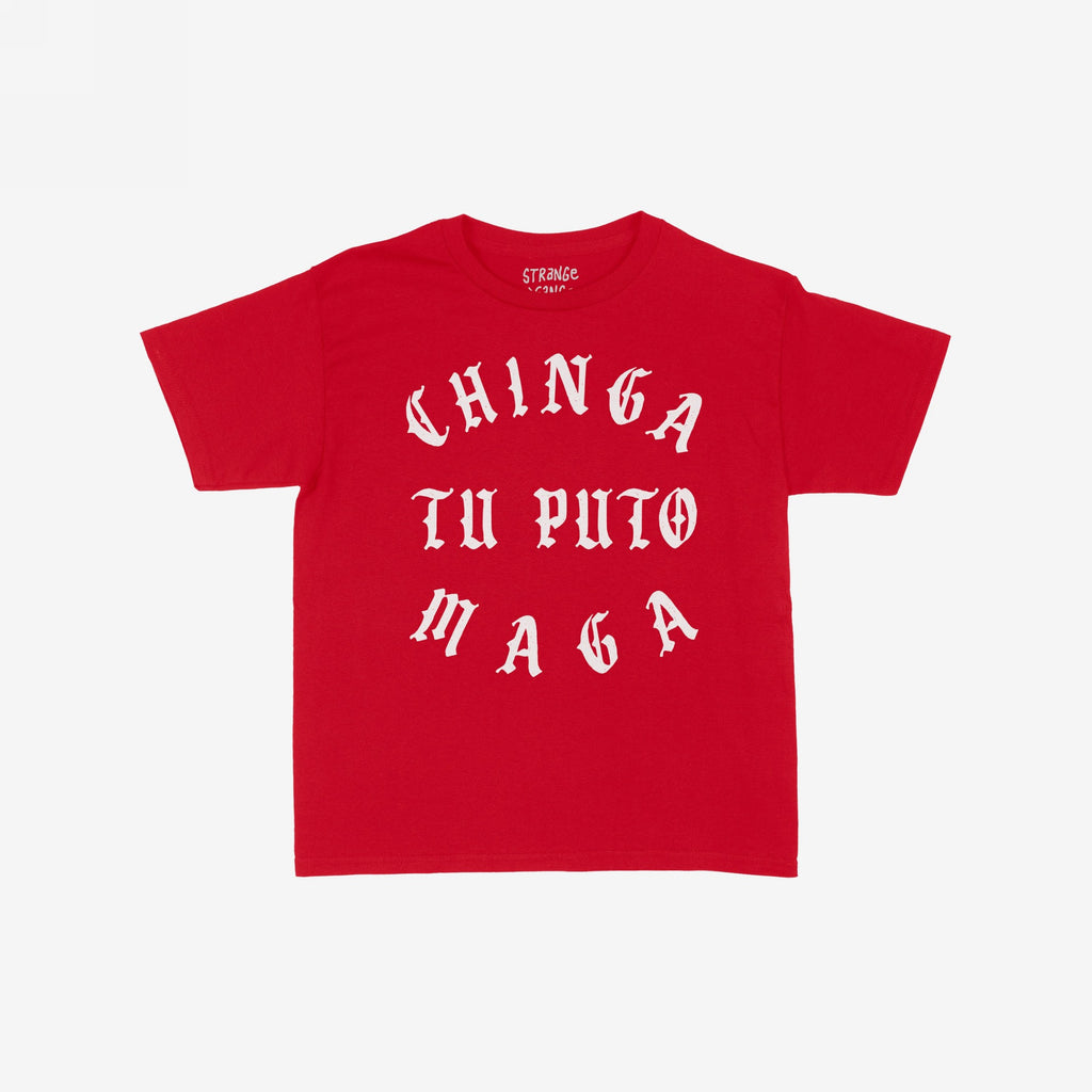 Chinga Tu MAGA Women's Baby Tee features bold, vintage blackletter text in a circular layout on a red T-shirt, embodying progressive and anti-fascist ideals with a defiant message.