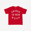 Chinga Tu MAGA Women's Baby Tee features bold, vintage blackletter text in a circular layout on a red T-shirt, embodying progressive and anti-fascist ideals with a defiant message.