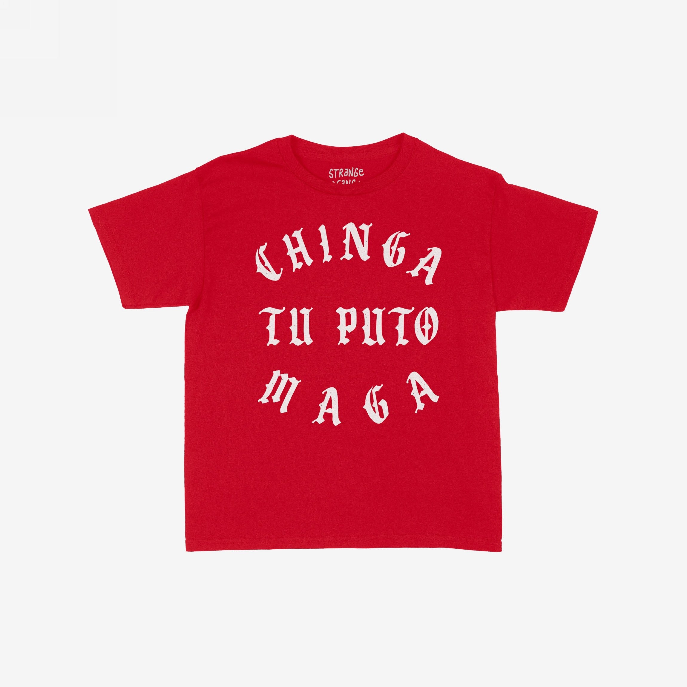 Chinga Tu MAGA Women's Baby Tee features bold, vintage blackletter text in a circular layout on a red T-shirt, embodying progressive and anti-fascist ideals with a defiant message.