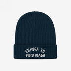 Dark-blue rib-knit beanie hat with CHINGA TU PUTO MAGA in white Gothic embroidery on the cuff, embodying anti-fascist and anti-MAGA sentiments, reflecting a stand against cruelty and inequality.