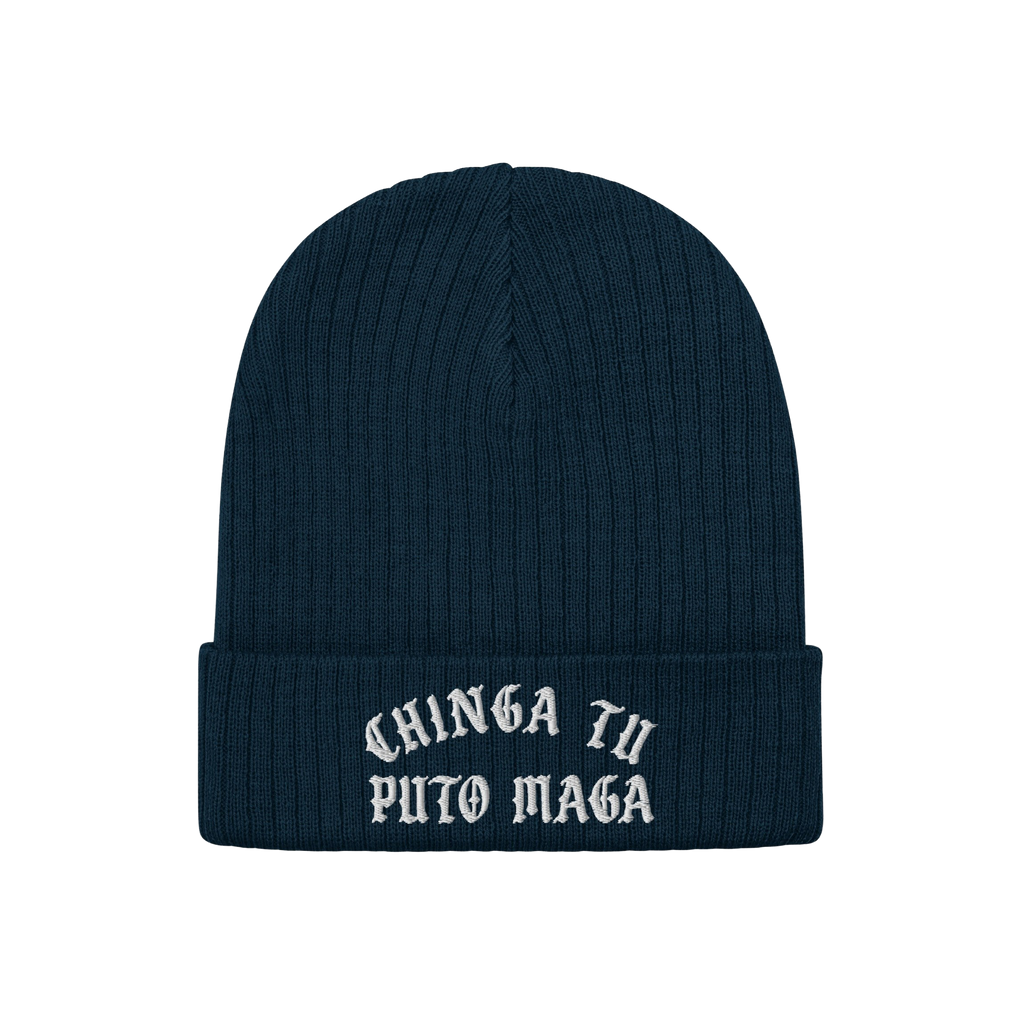 Dark-blue rib-knit beanie hat with CHINGA TU PUTO MAGA in white Gothic embroidery on the cuff, embodying anti-fascist and ant