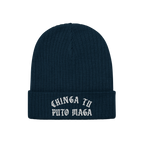 Dark-blue rib-knit beanie hat with CHINGA TU PUTO MAGA in white Gothic embroidery on the cuff, embodying anti-fascist and ant
