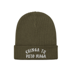 Chinga Tu MAGA Hat: Olive-green knit beanie with a folded cuff, featuring bold white Old English embroidery stating “CHINGA