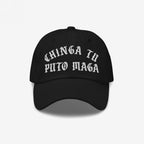 Chinga Tu MAGA Hat features bold, white Old English embroidery on a black baseball cap, expressing anti-fascist sentiments. A statement piece for rallies and everyday wear, showcasing defiance and personal values.