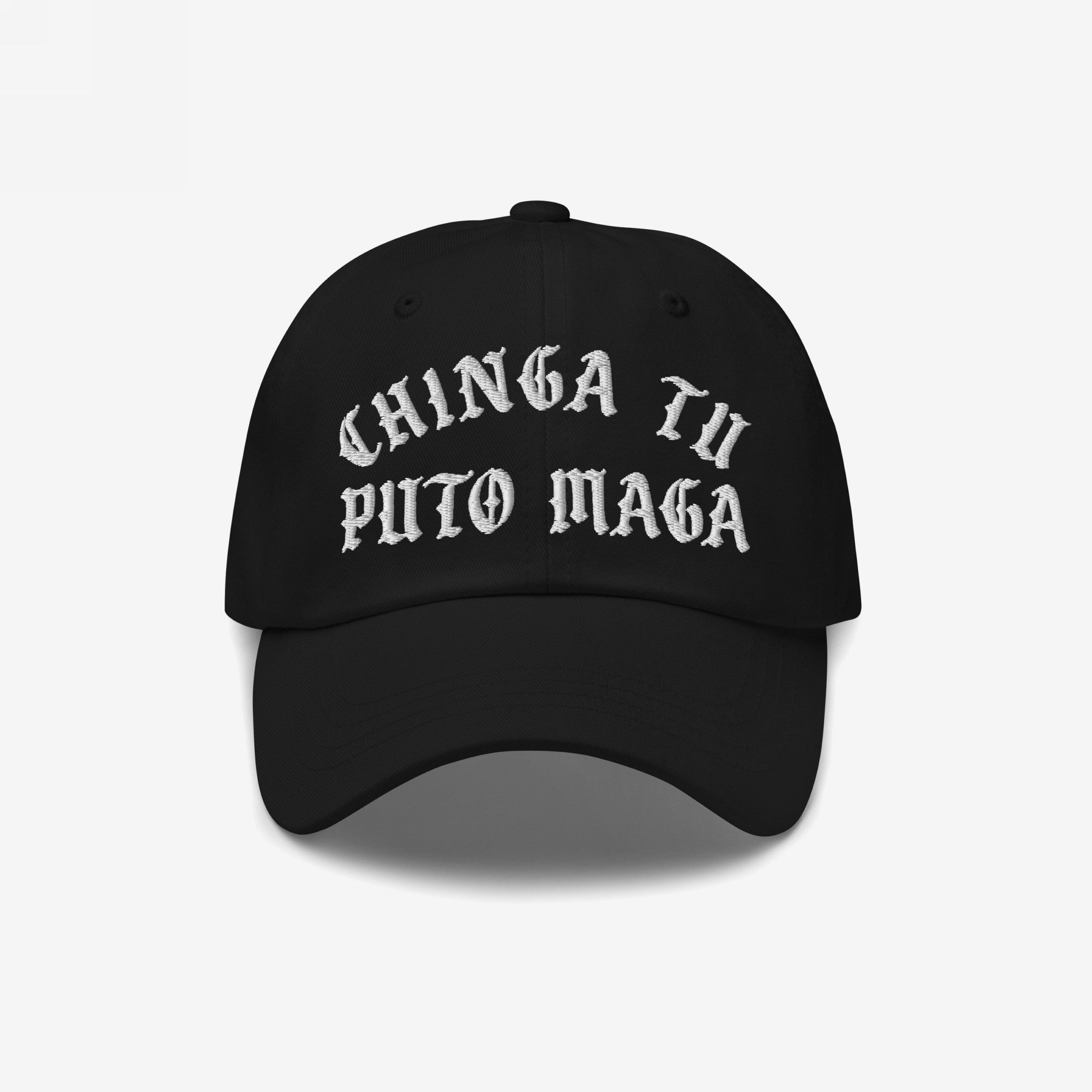 Chinga Tu MAGA Hat features bold, white Old English embroidery on a black baseball cap, expressing anti-fascist sentiments. A statement piece for rallies and everyday wear, showcasing defiance and personal values.