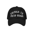 Chinga Tu MAGA Hat features bold, white Old English embroidery on a black baseball cap, expressing anti-fascist sentiments. A