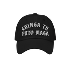 Chinga Tu MAGA Hat features bold, white Old English embroidery on a black baseball cap, expressing anti-fascist sentiments. A