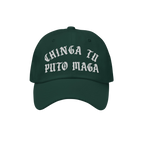 Chinga Tu MAGA Hat: A dark green baseball cap featuring bold white embroidery with a protest message against MAGA, embodying 
