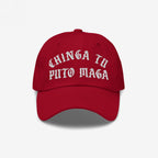 Chinga Tu MAGA Hat featuring bold, white Old English embroidery on a red cap, expressing anti-fascist sentiment. Ideal for rallies and events, aligning with values of equality and activism.