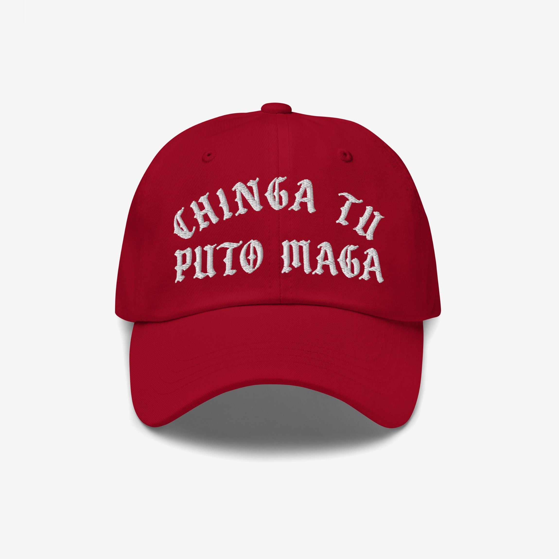 Chinga Tu MAGA Hat featuring bold, white Old English embroidery on a red cap, expressing anti-fascist sentiment. Ideal for rallies and events, aligning with values of equality and activism.