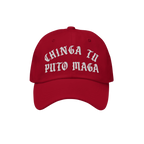 Chinga Tu MAGA Hat featuring bold, white Old English embroidery on a red cap, expressing anti-fascist sentiment. Ideal for ra