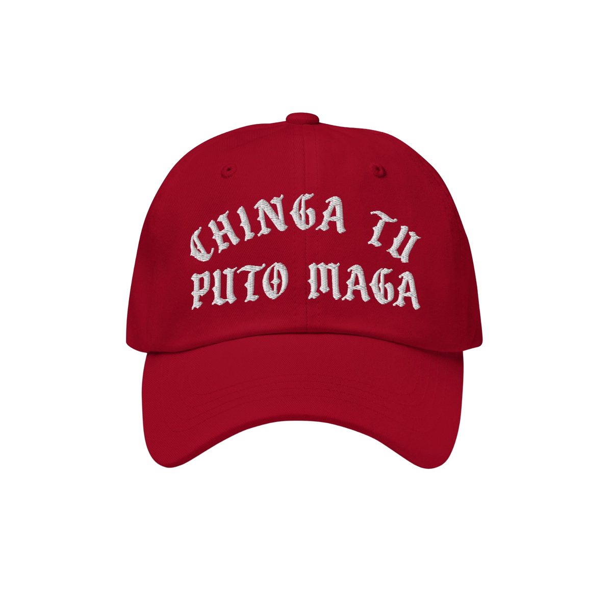Chinga Tu MAGA Hat featuring bold, white Old English embroidery on a red cap, expressing anti-fascist sentiment. Ideal for ra