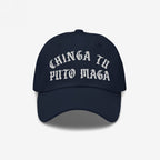 Chinga Tu MAGA Hat features bold Old English embroidery stating “CHINGA TU PITO MAGA” on a dark-navy cap, embodying anti-fascist and protest sentiment, ideal for making a visible statement.
