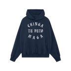 Chinga Tu MAGA Hoodie & Sweatshirt features a dark-navy pullover with white Old English lettering, conveying a bold anti-MAGA