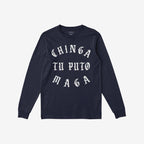 Navy-blue Chinga Tu MAGA T-shirt featuring bold, white Old English text across the chest, embodying an anti-fascist message. Ideal for vocal protests and expressing resistance.