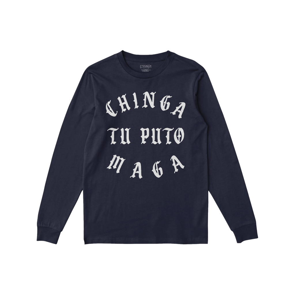Navy-blue Chinga Tu MAGA T-shirt featuring bold, white Old English text across the chest, embodying an anti-fascist message. 