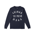 Navy-blue Chinga Tu MAGA T-shirt featuring bold, white Old English text across the chest, embodying an anti-fascist message. 