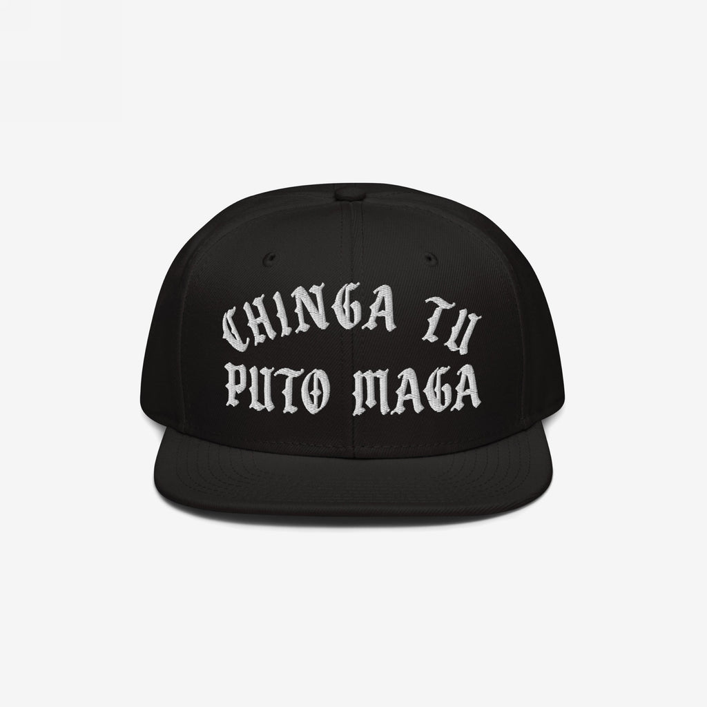Chinga Tu MAGA Hat featuring bold, white Old English–style embroidery on a black flat-brim snapback. This hat embodies anti-fascist and anti-Trump sentiments, perfect for making a visible statement.