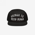 Chinga Tu MAGA Hat featuring bold, white Old English–style embroidery on a black flat-brim snapback. This hat embodies anti-fascist and anti-Trump sentiments, perfect for making a visible statement.