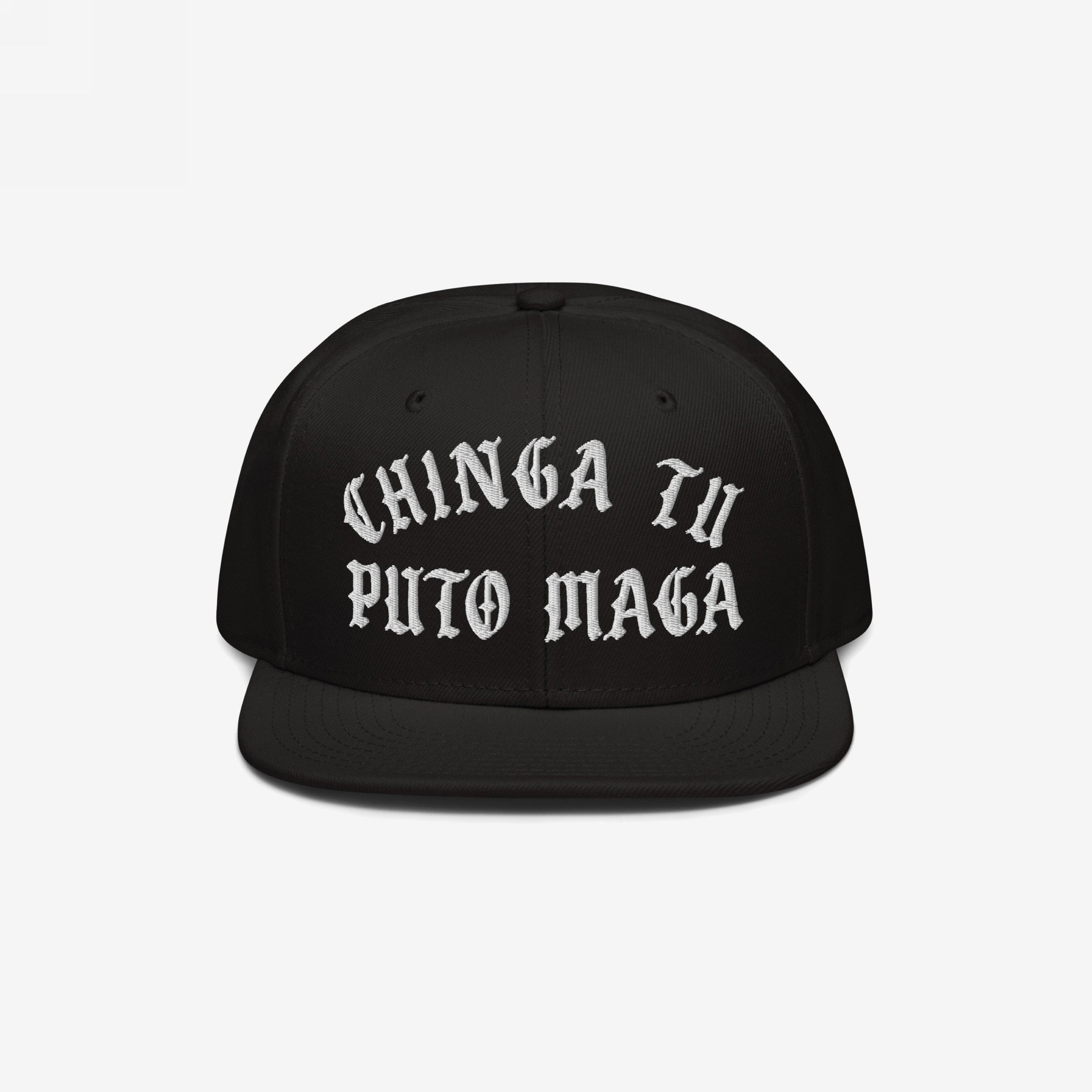 Chinga Tu MAGA Hat featuring bold, white Old English–style embroidery on a black flat-brim snapback. This hat embodies anti-fascist and anti-Trump sentiments, perfect for making a visible statement.