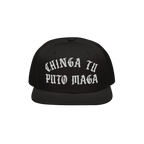 Chinga Tu MAGA Hat featuring bold, white Old English–style embroidery on a black flat-brim snapback. This hat embodies anti