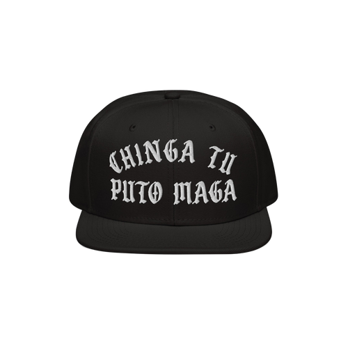 Chinga Tu MAGA Hat featuring bold, white Old English–style embroidery on a black flat-brim snapback. This hat embodies anti