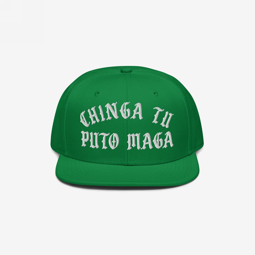 Chinga Tu MAGA Hat featuring bold, Old English embroidery with a protest message on a snap-back baseball cap, embodying anti-fascist and anti-MAGA sentiments.