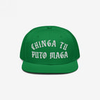 Chinga Tu MAGA Hat featuring bold, Old English embroidery with a protest message on a snap-back baseball cap, embodying anti-fascist and anti-MAGA sentiments.