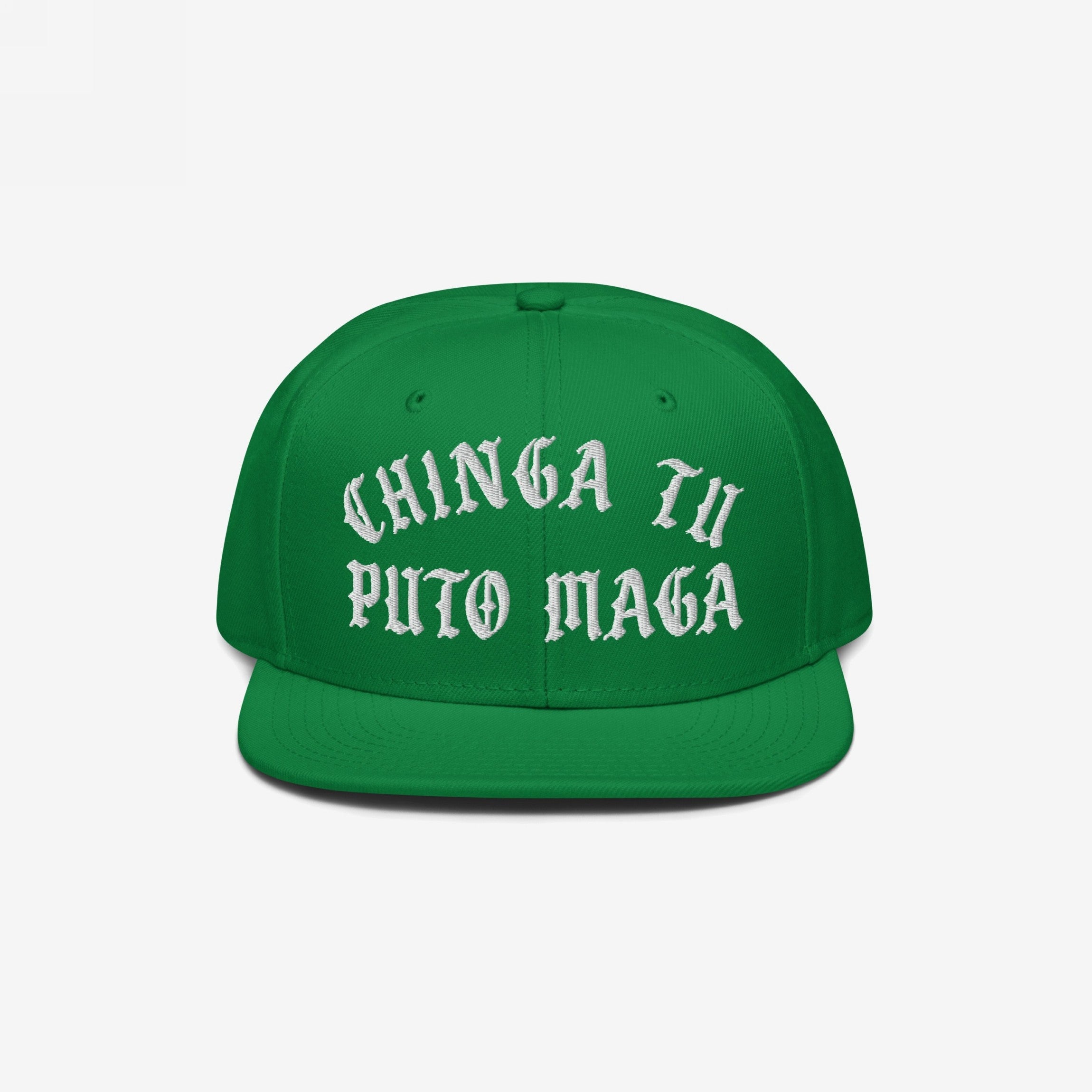 Chinga Tu MAGA Hat featuring bold, Old English embroidery with a protest message on a snap-back baseball cap, embodying anti-fascist and anti-MAGA sentiments.