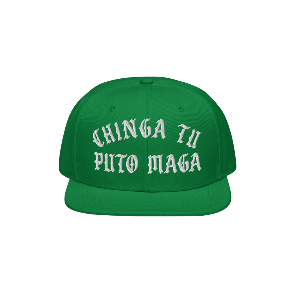 Chinga Tu MAGA Hat featuring bold, Old English embroidery with a protest message on a snap-back baseball cap, embodying anti-