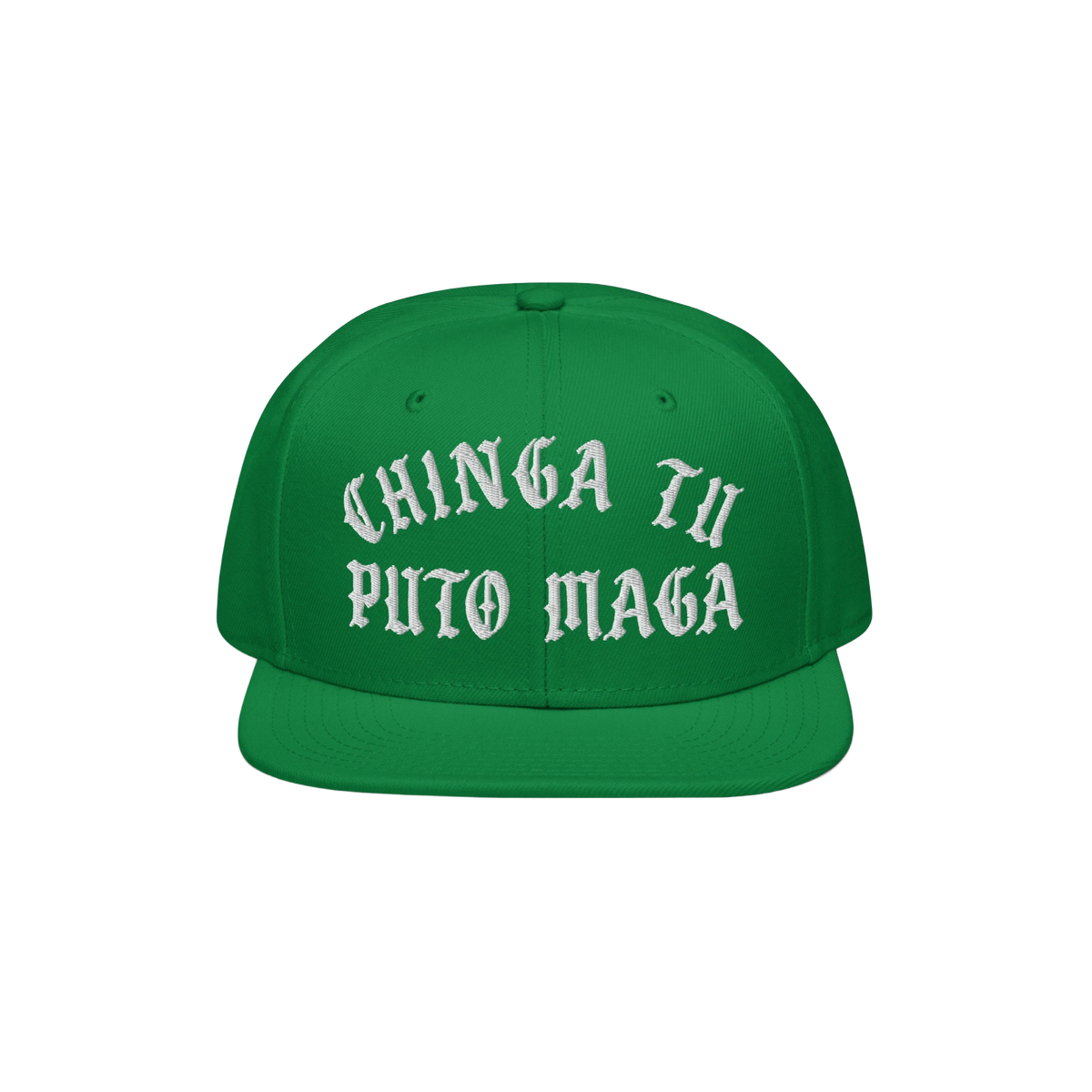 Chinga Tu MAGA Hat featuring bold, Old English embroidery with a protest message on a snap-back baseball cap, embodying anti-