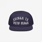 Chinga Tu MAGA Hat features bold Old English embroidery stating “CHINGA TU PUTO MAGA” on a navy snapback, embodying anti-fascist and anti-MAGA sentiments for protest and activism.