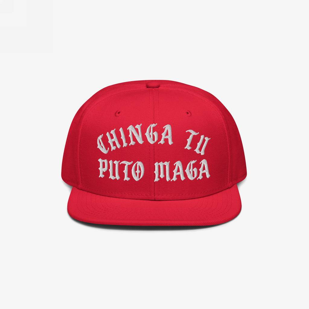 Bright red flat-brimmed Chinga Tu MAGA Hat featuring bold, white Old English embroidered text. Designed to protest fascism and cruelty, reflecting anti-Trump and anti-MAGA sentiments through a striking visual statement.