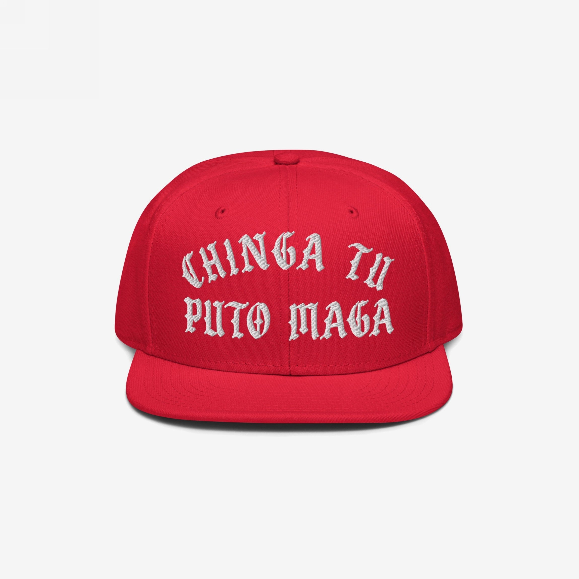 Bright red flat-brimmed Chinga Tu MAGA Hat featuring bold, white Old English embroidered text. Designed to protest fascism and cruelty, reflecting anti-Trump and anti-MAGA sentiments through a striking visual statement.