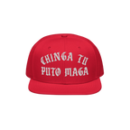 Bright red flat-brimmed Chinga Tu MAGA Hat featuring bold, white Old English embroidered text. Designed to protest fascism an