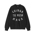 Chinga Tu MAGA Hoodie & Sweatshirt features bold, white Old English-style lettering on a black crewneck, delivering a powerfu