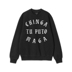 Chinga Tu MAGA Hoodie & Sweatshirt features bold, white Old English-style lettering on a black crewneck, delivering a powerfu