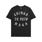 Chinga Tu MAGA T-shirt with bold, white Old English-style text, conveying a strong anti-fascist message. Designed for those r