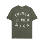 Chinga Tu MAGA T-shirt features bold, white Old English text on a plain green background, advocating anti-fascism and protest
