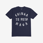 Navy-blue Chinga Tu MAGA T-shirt featuring bold, white Old English text, advocating anti-fascist sentiments. Ideal for rallies, expressing defiance against MAGA, embodying a stand for equality and justice.