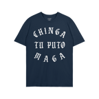 Navy-blue Chinga Tu MAGA T-shirt featuring bold, white Old English text, advocating anti-fascist sentiments. Ideal for rallie